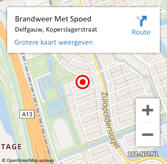 Locatie op kaart van de 112 melding: Brandweer Met Spoed Naar Delfgauw, Koperslagerstraat op 1 januari 2025 12:12