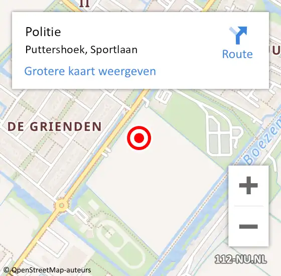 Locatie op kaart van de 112 melding: Politie Puttershoek, Sportlaan op 1 januari 2025 12:54