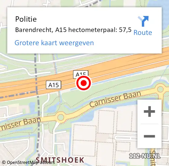 Locatie op kaart van de 112 melding: Politie Barendrecht, A15 hectometerpaal: 57,5 op 1 januari 2025 13:18