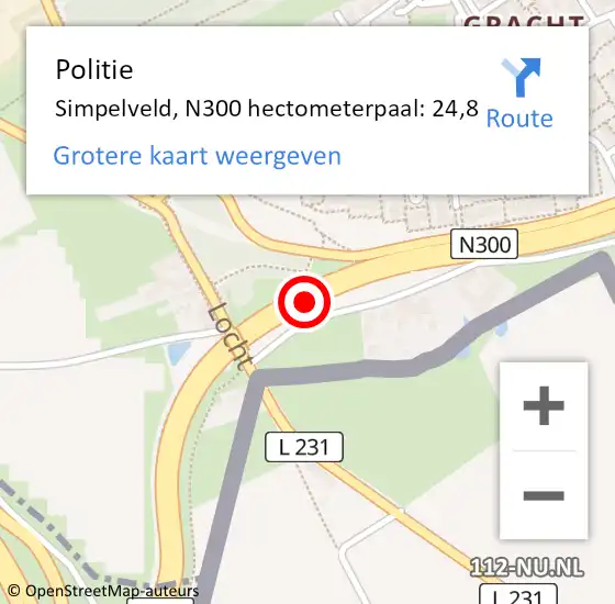 Locatie op kaart van de 112 melding: Politie Simpelveld, N300 hectometerpaal: 24,8 op 1 januari 2025 14:10