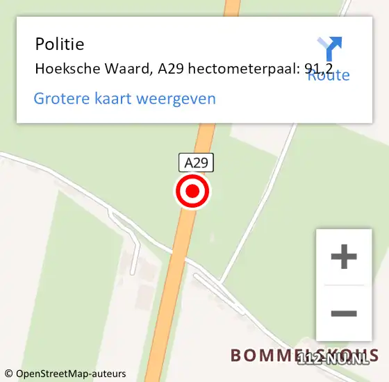 Locatie op kaart van de 112 melding: Politie Hoeksche Waard, A29 hectometerpaal: 91,2 op 1 januari 2025 14:36