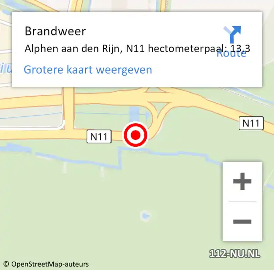 Locatie op kaart van de 112 melding: Brandweer Alphen aan den Rijn, N11 hectometerpaal: 13,3 op 1 januari 2025 15:15