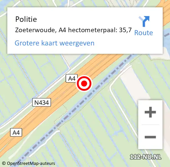 Locatie op kaart van de 112 melding: Politie Zoeterwoude, A4 hectometerpaal: 35,7 op 1 januari 2025 15:47