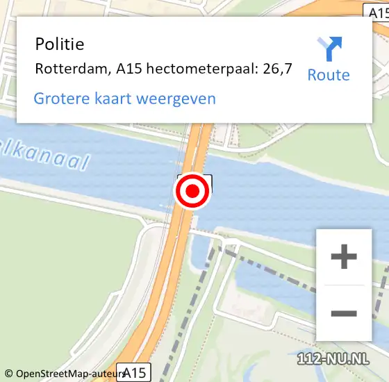 Locatie op kaart van de 112 melding: Politie Rotterdam, A15 hectometerpaal: 26,7 op 1 januari 2025 16:52