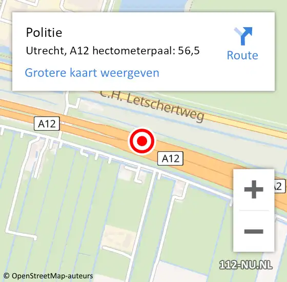 Locatie op kaart van de 112 melding: Politie Utrecht, A12 hectometerpaal: 56,5 op 1 januari 2025 17:11