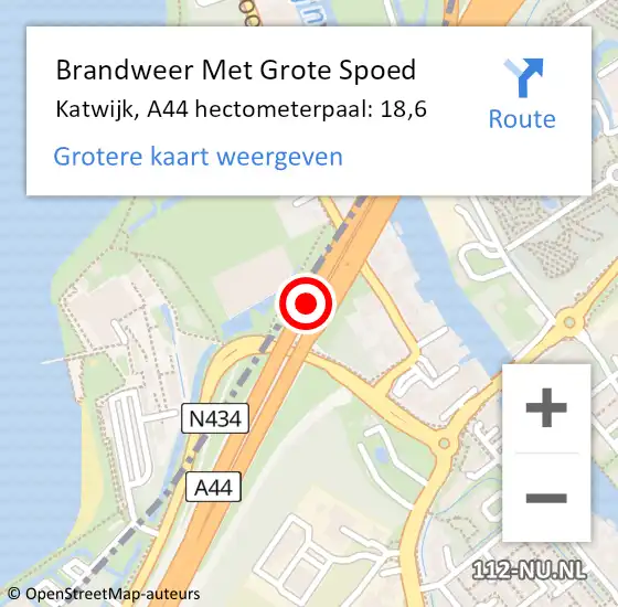 Locatie op kaart van de 112 melding: Brandweer Met Grote Spoed Naar Katwijk, A44 hectometerpaal: 18,6 op 1 januari 2025 18:53