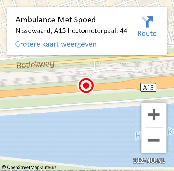 Locatie op kaart van de 112 melding: Ambulance Met Spoed Naar Nissewaard, A15 hectometerpaal: 44 op 1 januari 2025 18:53