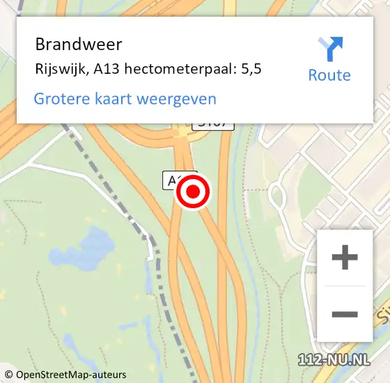 Locatie op kaart van de 112 melding: Brandweer Rijswijk, A13 hectometerpaal: 5,5 op 1 januari 2025 21:09