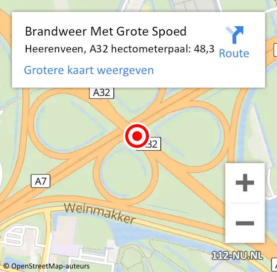 Locatie op kaart van de 112 melding: Brandweer Met Grote Spoed Naar Heerenveen, A32 hectometerpaal: 48,3 op 1 januari 2025 21:14