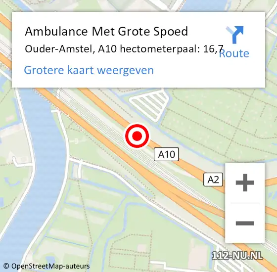 Locatie op kaart van de 112 melding: Ambulance Met Grote Spoed Naar Ouder-Amstel, A10 hectometerpaal: 16,7 op 1 januari 2025 22:37