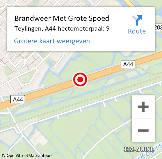 Locatie op kaart van de 112 melding: Brandweer Met Grote Spoed Naar Teylingen, A44 hectometerpaal: 9 op 2 januari 2025 09:32