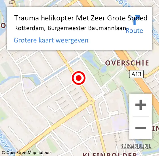 Locatie op kaart van de 112 melding: Trauma helikopter Met Zeer Grote Spoed Naar Rotterdam, Burgemeester Baumannlaan op 2 januari 2025 12:39