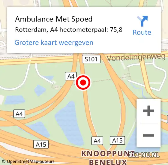 Locatie op kaart van de 112 melding: Ambulance Met Spoed Naar Rotterdam, A4 hectometerpaal: 75,8 op 2 januari 2025 13:49