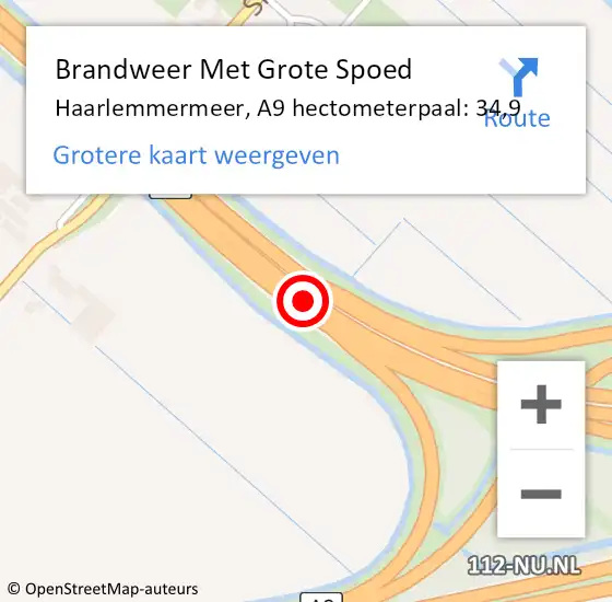 Locatie op kaart van de 112 melding: Brandweer Met Grote Spoed Naar Haarlemmermeer, A9 hectometerpaal: 34,9 op 2 januari 2025 14:09