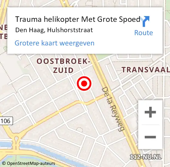 Locatie op kaart van de 112 melding: Trauma helikopter Met Grote Spoed Naar Den Haag, Hulshorststraat op 2 januari 2025 14:52