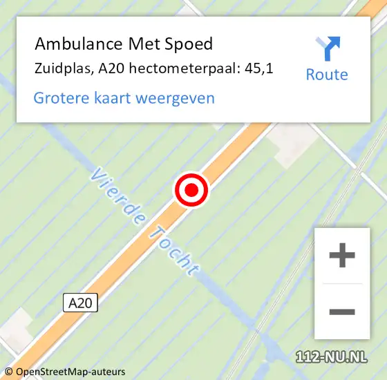 Locatie op kaart van de 112 melding: Ambulance Met Spoed Naar Zuidplas, A20 hectometerpaal: 45,1 op 2 januari 2025 15:24