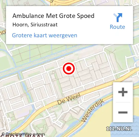 Locatie op kaart van de 112 melding: Ambulance Met Grote Spoed Naar Hoorn, Siriusstraat op 2 januari 2025 16:25