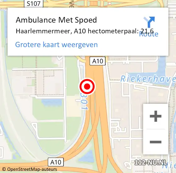 Locatie op kaart van de 112 melding: Ambulance Met Spoed Naar Haarlemmermeer, A10 hectometerpaal: 21,6 op 2 januari 2025 20:08