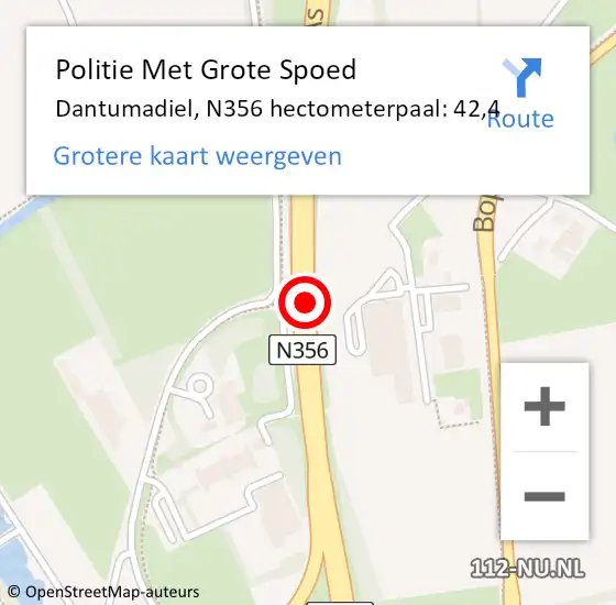 Locatie op kaart van de 112 melding: Politie Met Grote Spoed Naar Dantumadiel, N356 hectometerpaal: 42,4 op 2 januari 2025 20:27