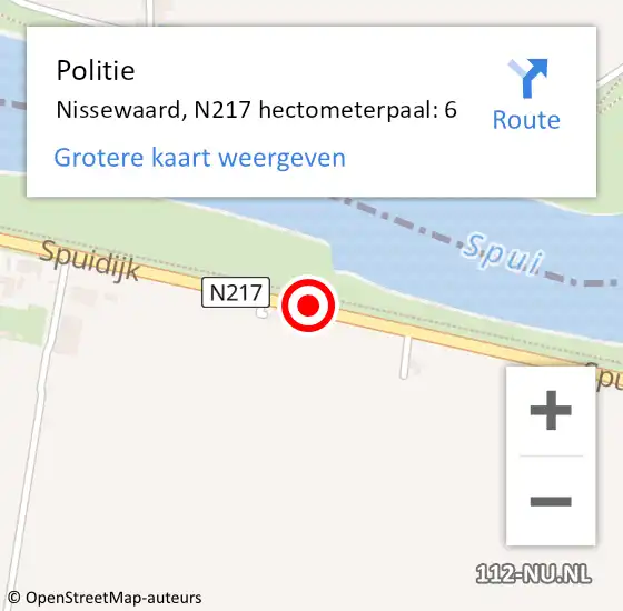 Locatie op kaart van de 112 melding: Politie Nissewaard, N217 hectometerpaal: 6 op 2 januari 2025 20:28