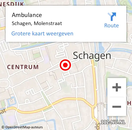 Locatie op kaart van de 112 melding: Ambulance Schagen, Molenstraat op 2 januari 2025 21:04