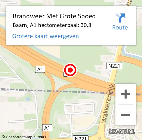 Locatie op kaart van de 112 melding: Brandweer Met Grote Spoed Naar Baarn, A1 hectometerpaal: 30,8 op 2 januari 2025 22:58