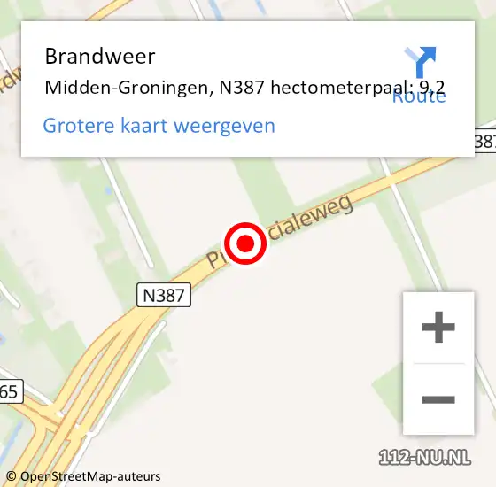 Locatie op kaart van de 112 melding: Brandweer Midden-Groningen, N387 hectometerpaal: 9,2 op 3 januari 2025 00:15