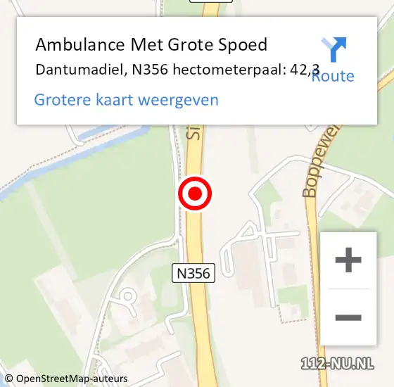 Locatie op kaart van de 112 melding: Ambulance Met Grote Spoed Naar Dantumadiel, N356 hectometerpaal: 42,3 op 3 januari 2025 06:45