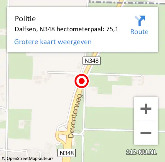 Locatie op kaart van de 112 melding: Politie Dalfsen, N348 hectometerpaal: 75,1 op 3 januari 2025 07:51