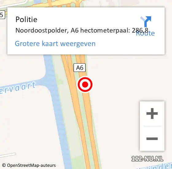 Locatie op kaart van de 112 melding: Politie Noordoostpolder, A6 hectometerpaal: 286,8 op 3 januari 2025 07:54