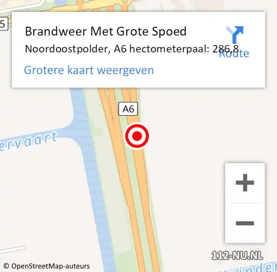 Locatie op kaart van de 112 melding: Brandweer Met Grote Spoed Naar Noordoostpolder, A6 hectometerpaal: 286,8 op 3 januari 2025 07:54