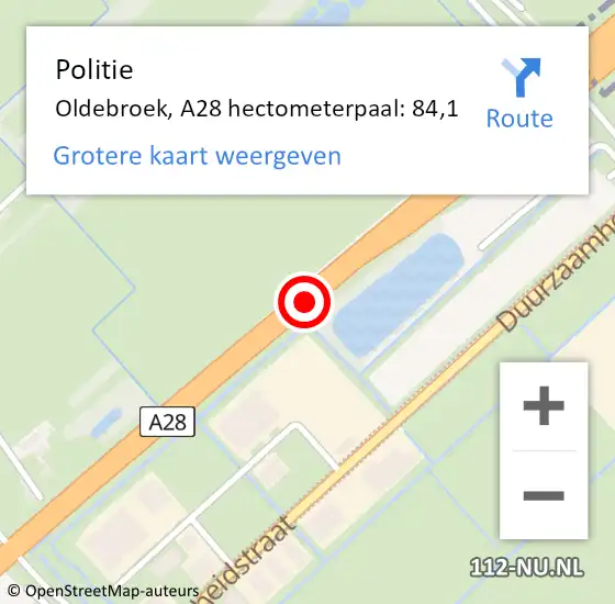 Locatie op kaart van de 112 melding: Politie Oldebroek, A28 hectometerpaal: 84,1 op 3 januari 2025 07:58