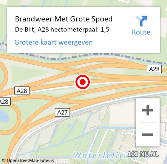 Locatie op kaart van de 112 melding: Brandweer Met Grote Spoed Naar De Bilt, A28 hectometerpaal: 1,5 op 3 januari 2025 10:31