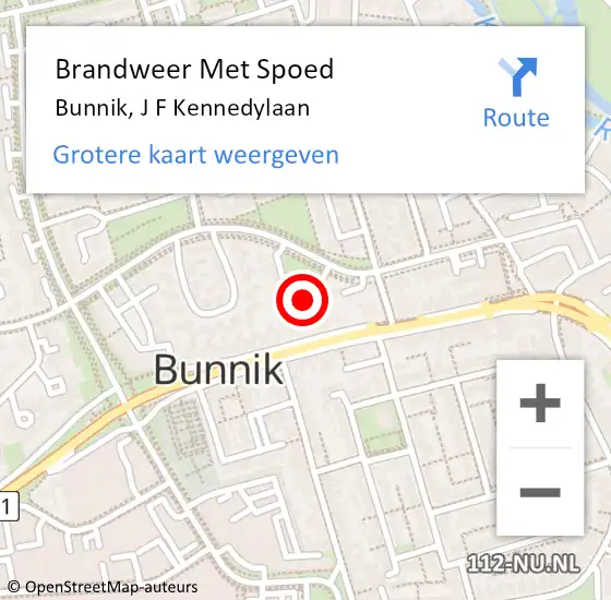 Locatie op kaart van de 112 melding: Brandweer Met Spoed Naar Bunnik, J F Kennedylaan op 3 januari 2025 12:02