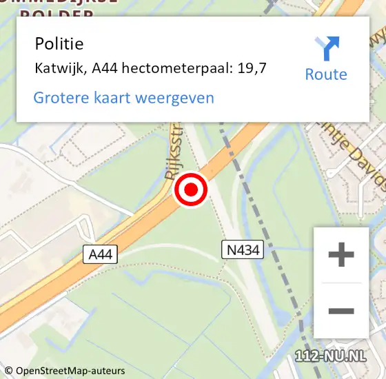 Locatie op kaart van de 112 melding: Politie Katwijk, A44 hectometerpaal: 19,7 op 3 januari 2025 16:30