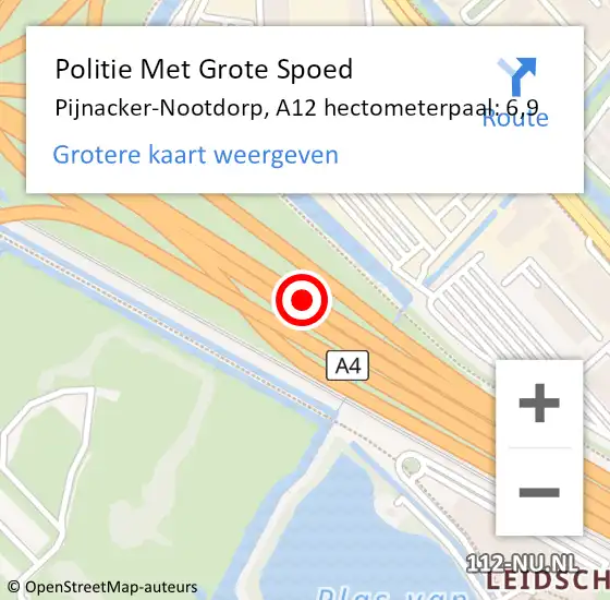 Locatie op kaart van de 112 melding: Politie Met Grote Spoed Naar Pijnacker-Nootdorp, A12 hectometerpaal: 6,9 op 3 januari 2025 17:10