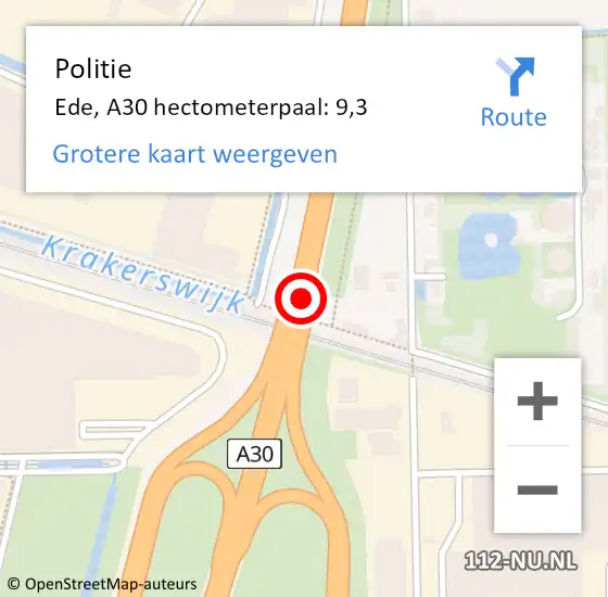 Locatie op kaart van de 112 melding: Politie Ede, A30 hectometerpaal: 9,3 op 3 januari 2025 18:14