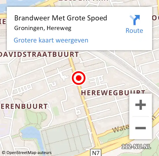 Locatie op kaart van de 112 melding: Brandweer Met Grote Spoed Naar Groningen, Hereweg op 3 januari 2025 18:41