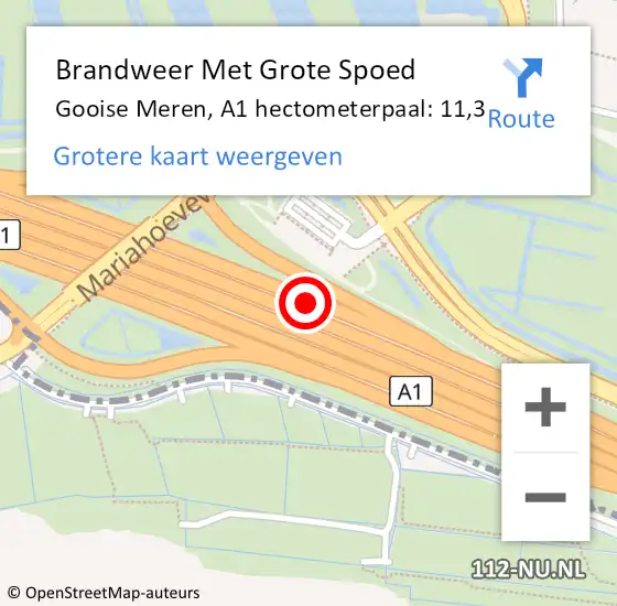 Locatie op kaart van de 112 melding: Brandweer Met Grote Spoed Naar Gooise Meren, A1 hectometerpaal: 11,3 op 3 januari 2025 19:02