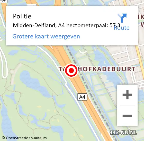 Locatie op kaart van de 112 melding: Politie Midden-Delfland, A4 hectometerpaal: 57,3 op 3 januari 2025 22:13