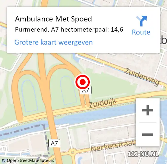 Locatie op kaart van de 112 melding: Ambulance Met Spoed Naar Purmerend, A7 hectometerpaal: 14,6 op 4 januari 2025 00:16