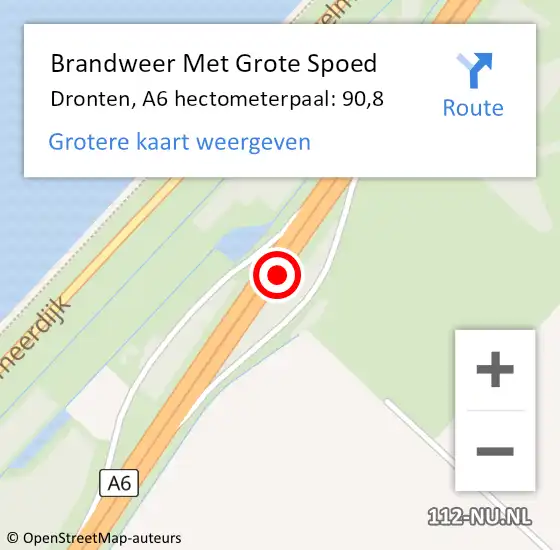 Locatie op kaart van de 112 melding: Brandweer Met Grote Spoed Naar Dronten, A6 hectometerpaal: 90,8 op 4 januari 2025 08:21