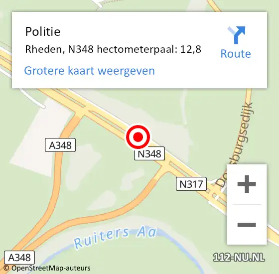 Locatie op kaart van de 112 melding: Politie Rheden, N348 hectometerpaal: 12,8 op 4 januari 2025 09:17