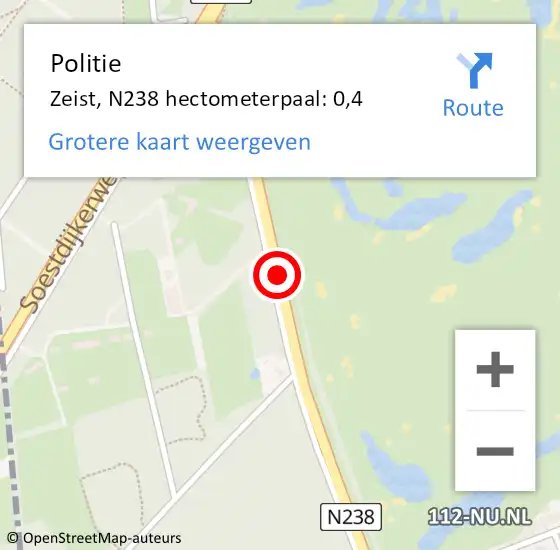 Locatie op kaart van de 112 melding: Politie Zeist, N238 hectometerpaal: 0,4 op 4 januari 2025 10:22