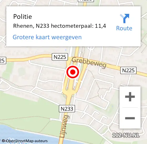 Locatie op kaart van de 112 melding: Politie Rhenen, N233 hectometerpaal: 11,4 op 4 januari 2025 10:33