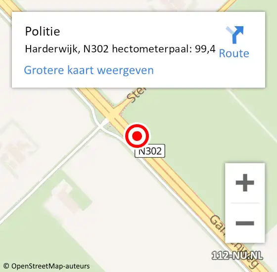 Locatie op kaart van de 112 melding: Politie Harderwijk, N302 hectometerpaal: 99,4 op 4 januari 2025 13:48