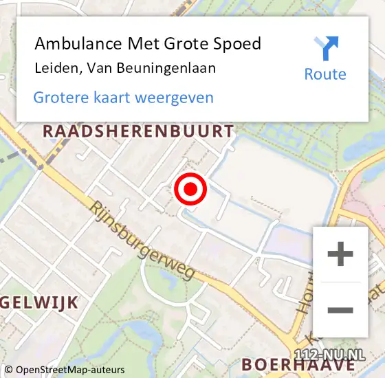 Locatie op kaart van de 112 melding: Ambulance Met Grote Spoed Naar Leiden, Van Beuningenlaan op 4 januari 2025 15:36