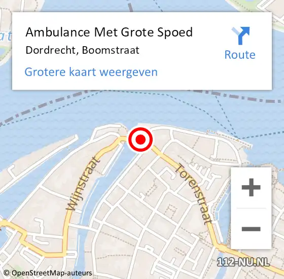 Locatie op kaart van de 112 melding: Ambulance Met Grote Spoed Naar Dordrecht, Boomstraat op 4 januari 2025 18:02