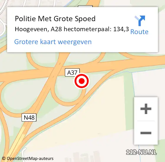 Locatie op kaart van de 112 melding: Politie Met Grote Spoed Naar Hoogeveen, A28 hectometerpaal: 134,3 op 4 januari 2025 22:21