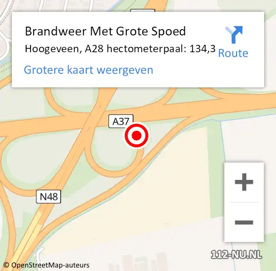 Locatie op kaart van de 112 melding: Brandweer Met Grote Spoed Naar Hoogeveen, A28 hectometerpaal: 134,3 op 4 januari 2025 22:21